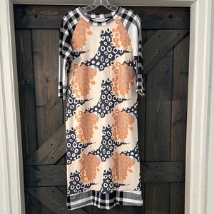 Cream, Navy & Orange Print Raglan Midi Dress